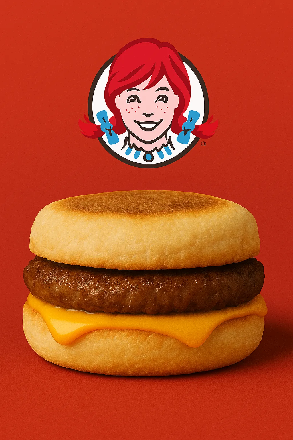 Breakfast menu 47 Wendy's Sausage, Egg & Cheese English Muffin with a savory sausage patty, fluffy egg, and melted cheese on a warm English muffin.